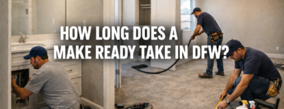 Make ready professionals performing plumbing, cleaning, and measurement work during a DFW rental turnover