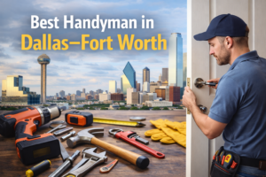 Best handyman in Dallas–Fort Worth repairing a door with tools and Dallas skyline