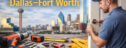 Best handyman in Dallas–Fort Worth repairing a door with tools and Dallas skyline
