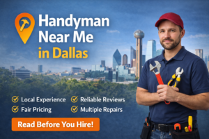 Handyman near me Dallas search concept with map location pin and home repair tools