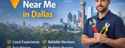 Handyman near me Dallas search concept with map location pin and home repair tools