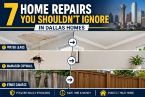 Home repairs in Dallas showing water leak damage, drywall repair, and fence replacement before and after