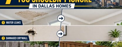 Home repairs in Dallas showing water leak damage, drywall repair, and fence replacement before and after