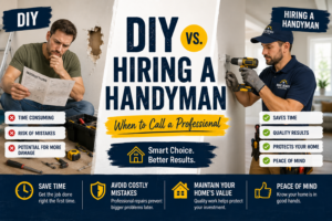 DIY vs hiring a handyman comparison showing a homeowner attempting a repair and a professional handyman completing the job