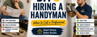 DIY vs hiring a handyman comparison showing a homeowner attempting a repair and a professional handyman completing the job