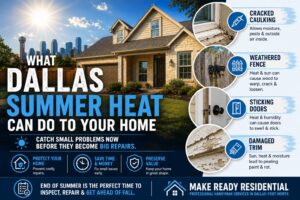 Dallas summer home repairs showing cracked caulking, weathered fence, sticking doors, and damaged exterior trim