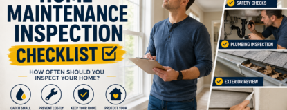 Home maintenance inspection checklist showing a homeowner inspecting windows, plumbing, smoke detectors, gutters, and exterior caulking
